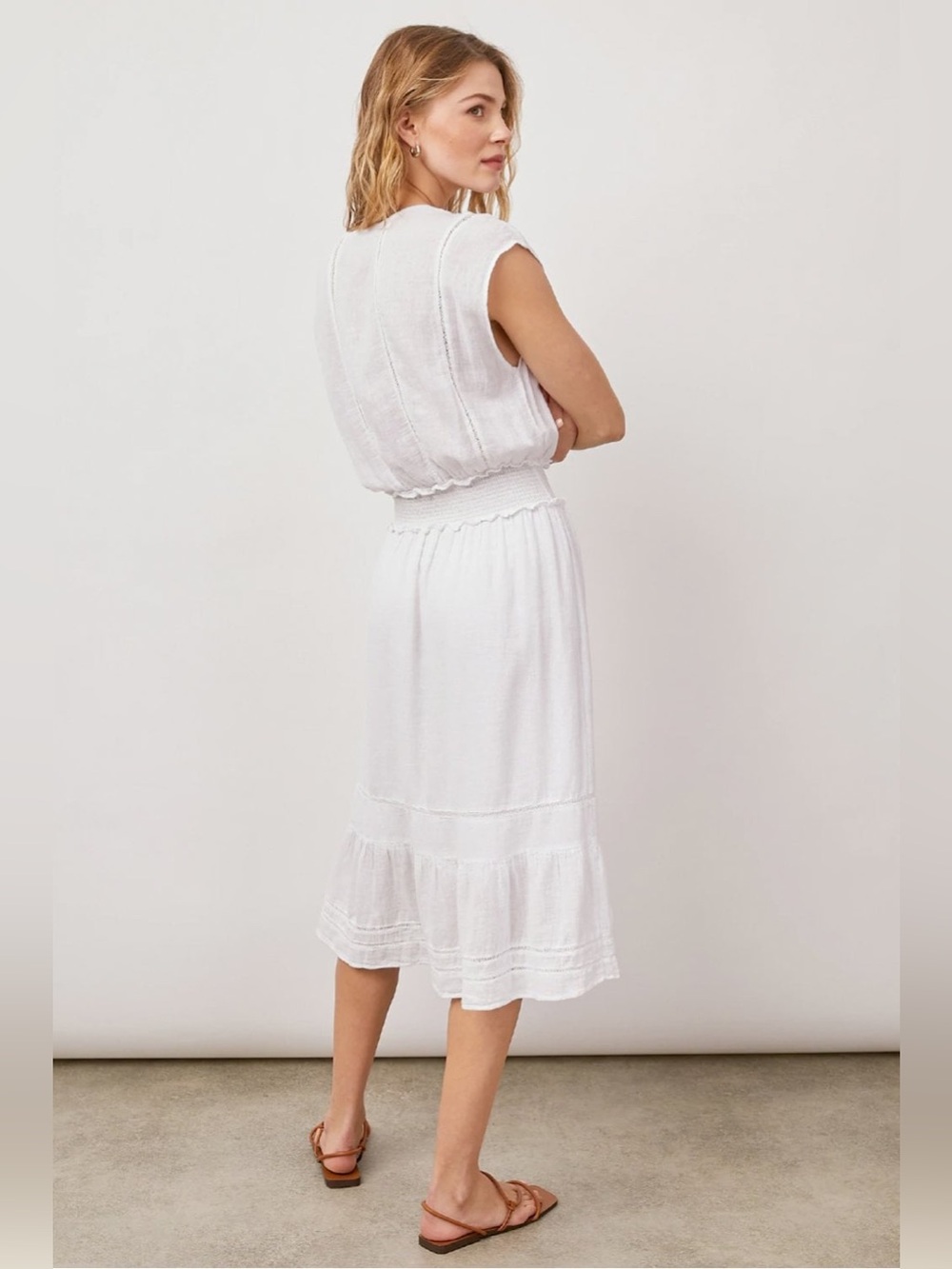 Rails Anthropologie Ashlyn Cool White Linen Sleeveless Tie Collar Midi Dress L - Picture 3 of 16
